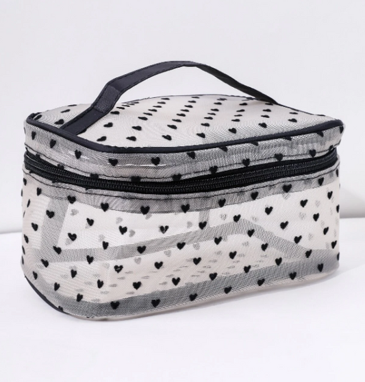 Heart Print Mesh Square Makeup Bag